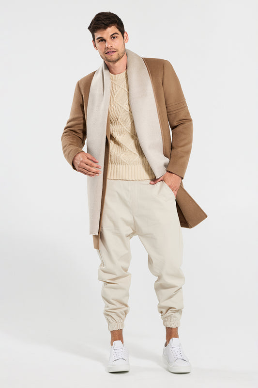 Sentaler Technical Baby Alpaca Notched Lapel Overcoat featured in Technical Baby Alpaca and available in Dark Camel and Double Sided Suri Alpaca Scarf featured in Suri Alpaca in Dark Camel/Light Taupe. Seen from front open.