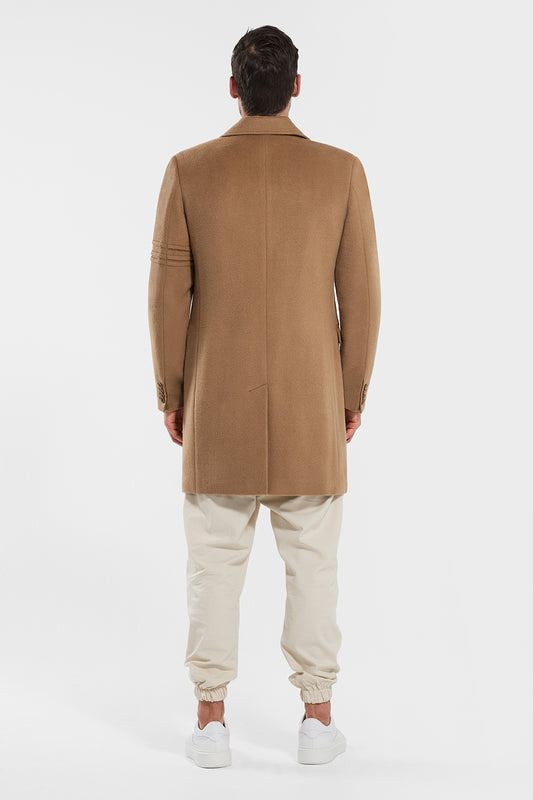 Sentaler Technical Baby Alpaca Notched Lapel Overcoat featured in Technical Baby Alpaca and available in Dark Camel. Seen from back.