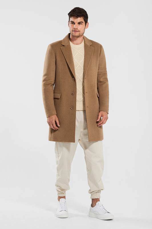 Sentaler Technical Baby Alpaca Notched Lapel Overcoat featured in Technical Baby Alpaca and available in Dark Camel. Seen from from front open.