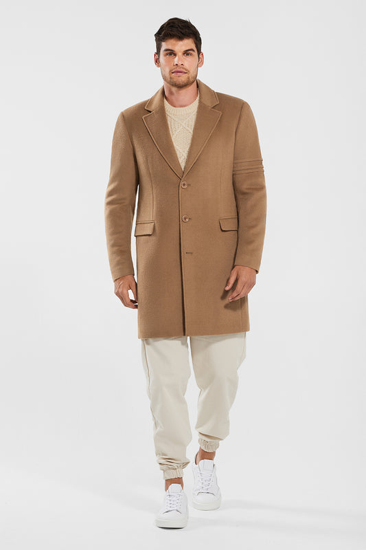 Sentaler Technical Baby Alpaca Notched Lapel Overcoat featured in Technical Baby Alpaca and available in Dark Camel. Seen from front.