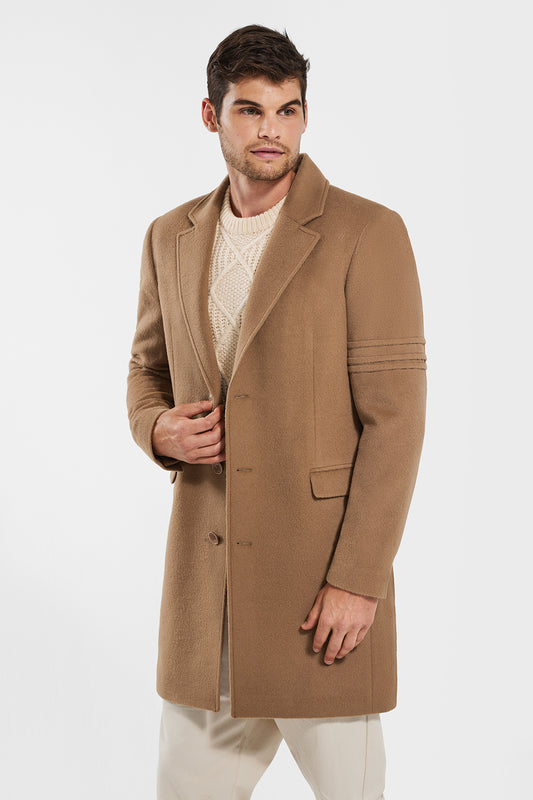 Sentaler Technical Baby Alpaca Notched Lapel Overcoat featured in Technical Baby Alpaca and available in Dark Camel. Seen from from side open.