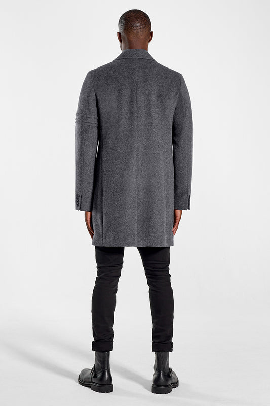 Sentaler Technical Baby Alpaca Notched Lapel Overcoat featured in Technical Baby Alpaca and available in Gravity Grey. Seen from back.