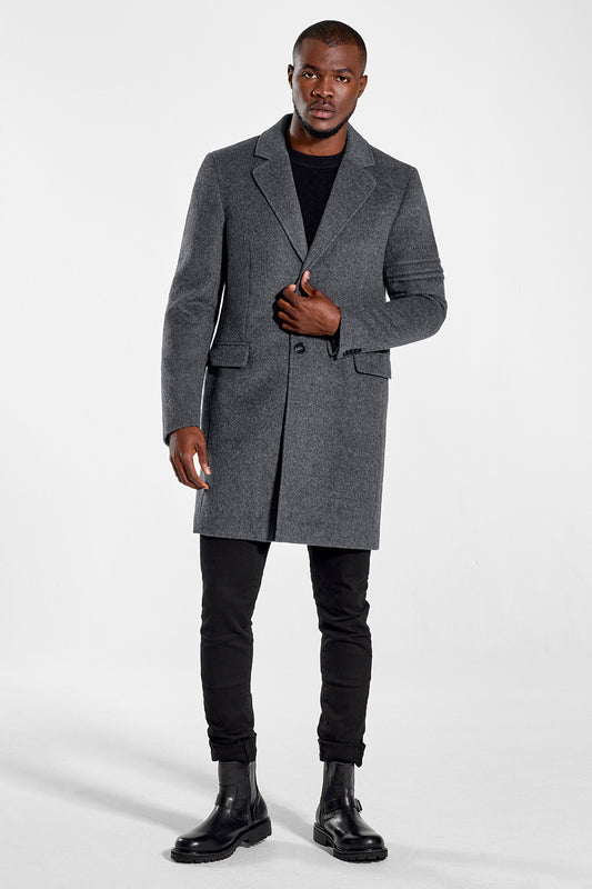 Sentaler Technical Baby Alpaca Notched Lapel Overcoat featured in Technical Baby Alpaca and available in Gravity Grey. Seen from front.