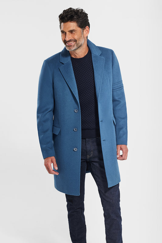 Sentaler Technical Baby Alpaca Notched Lapel Overcoat featured in Technical Baby Alpaca and available in Vintage Blue. Seen from front open.