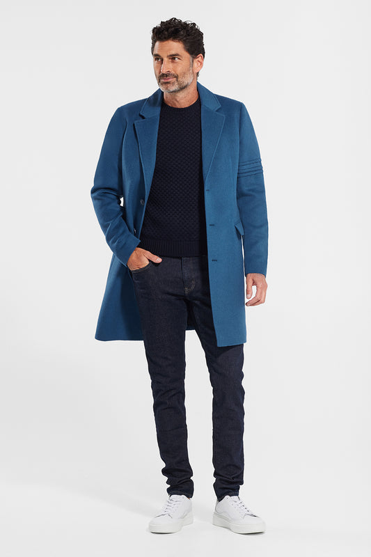 Sentaler Technical Baby Alpaca Notched Lapel Overcoat featured in Technical Baby Alpaca and available in Vintage Blue. Seen from front open.