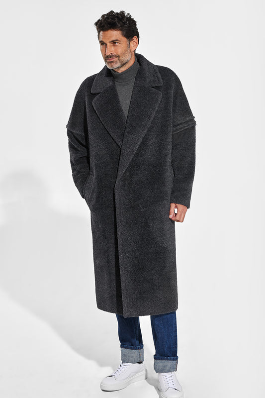 Sentaler Technical Bouclé Alpaca Robe Coat featured in Technical Bouclé Alpaca and available in Charcoal. Seen from front.