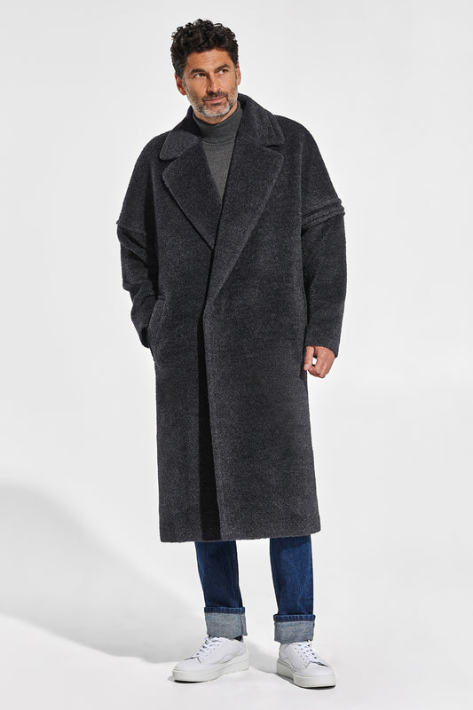 Sentaler Technical Bouclé Alpaca Robe Coat featured in Technical Bouclé Alpaca and available in Charcoal. Seen from front.