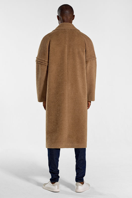 Sentaler Technical Bouclé Alpaca Robe Coat featured in Technical Bouclé Alpaca and available in Dark Camel. Seen from back on model.