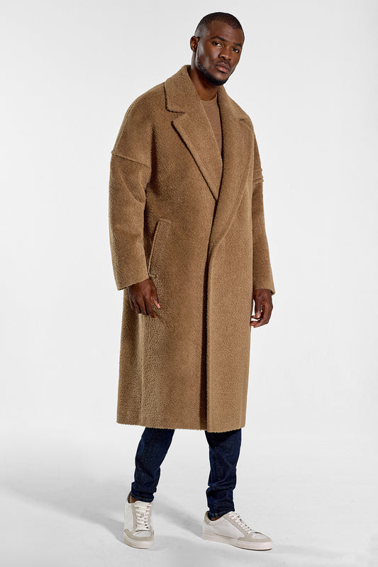 Sentaler Technical Bouclé Alpaca Robe Coat featured in Technical Bouclé Alpaca and available in Dark Camel. Seen from side on model.