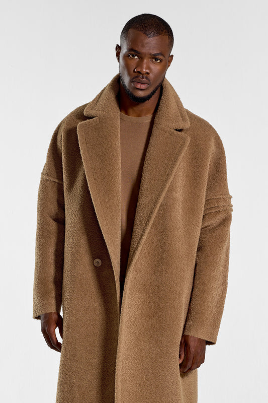 Sentaler Technical Bouclé Alpaca Robe Coat featured in Technical Bouclé Alpaca and available in Dark Camel. Seen from front open above the knees on model.