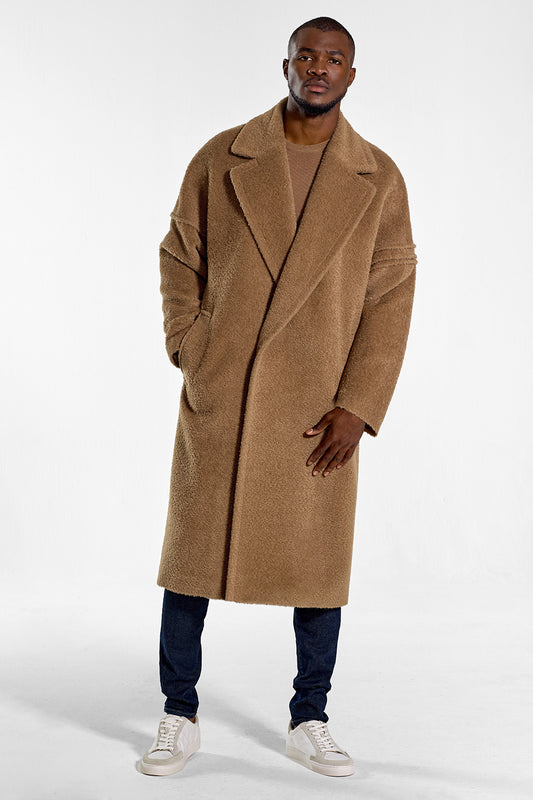 Sentaler Technical Bouclé Alpaca Robe Coat featured in Technical Bouclé Alpaca and available in Dark Camel. Seen from front on model.