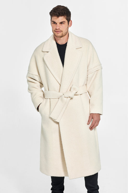 Sentaler Technical Bouclé Alpaca Robe Coat featured in Technical Bouclé Alpaca and available in Ivory. Seen from front belted.