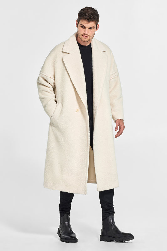 Sentaler Technical Bouclé Alpaca Robe Coat featured in Technical Bouclé Alpaca and available in Ivory. Seen from side open.