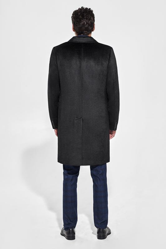 Sentaler Technical Suri Alpaca Notched Lapel Overcoat featured in Technical Suri Alpaca and available in Black. Seen from back on model.