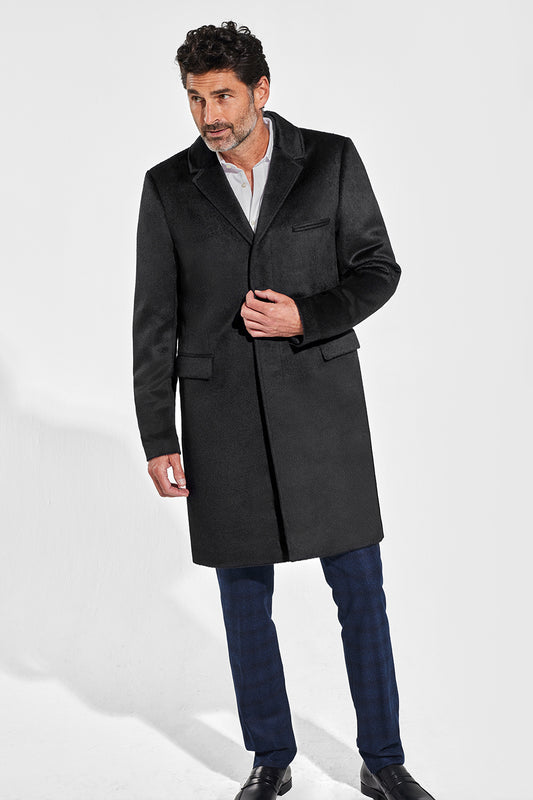 Sentaler Technical Suri Alpaca Notched Lapel Overcoat featured in Technical Suri Alpaca and available in Black. Seen from front on model.