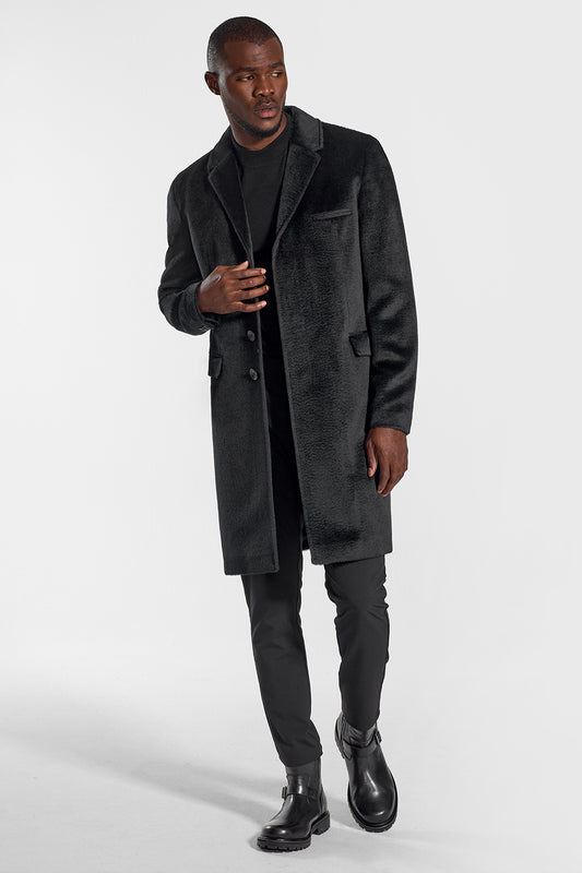 Sentaler Technical Suri Alpaca Notched Lapel Overcoat featured in Technical Suri Alpaca and available in Black. Seen from front open on model.