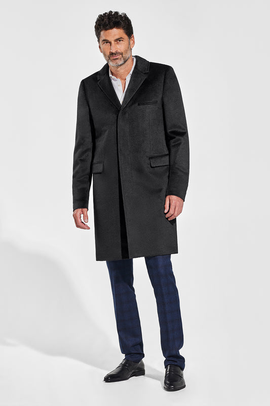 Sentaler Technical Suri Alpaca Notched Lapel Overcoat featured in Technical Suri Alpaca and available in Black. Seen from front on model.