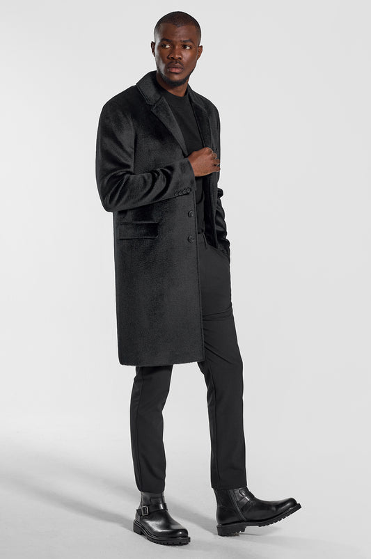 Sentaler Technical Suri Alpaca Notched Lapel Overcoat featured in Technical Suri Alpaca and available in Black. Seen from side open on model.