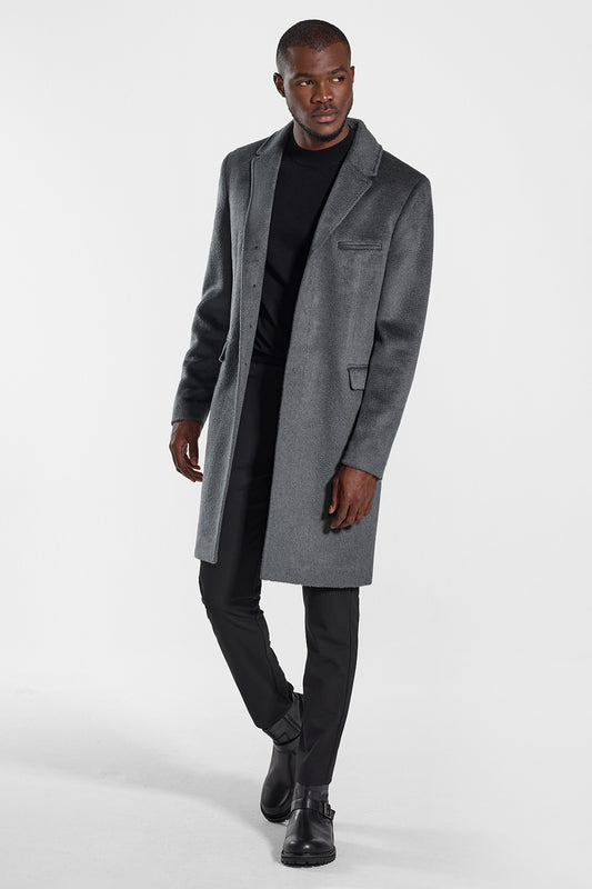 Sentaler Technical Suri Alpaca Notched Lapel Overcoat featured in Technical Suri Alpaca and available in Bold Graphite. Seen from front open.