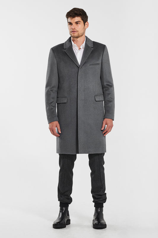 Sentaler Technical Suri Alpaca Notched Lapel Overcoat featured in Technical Suri Alpaca and available in Bold Graphite. Seen from front.