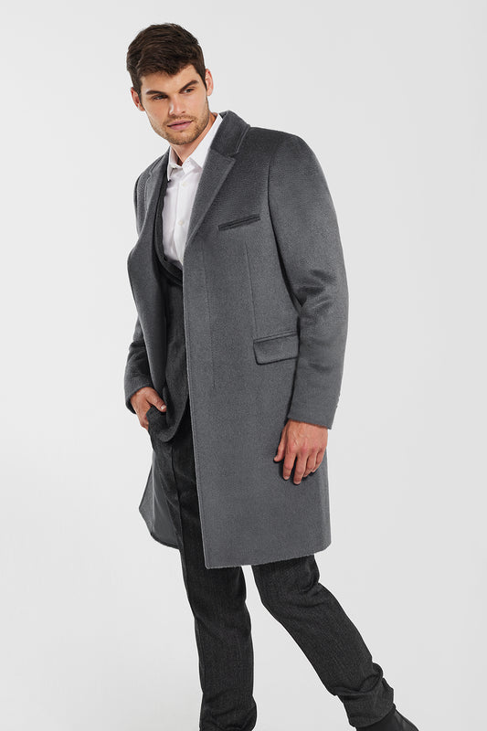 Sentaler Technical Suri Alpaca Notched Lapel Overcoat featured in Technical Suri Alpaca and available in Bold Graphite. Seen from side open.
