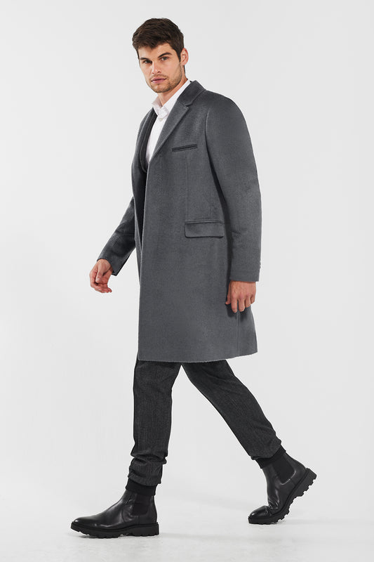 Sentaler Technical Suri Alpaca Notched Lapel Overcoat featured in Technical Suri Alpaca and available in Bold Graphite. Seen from side open.