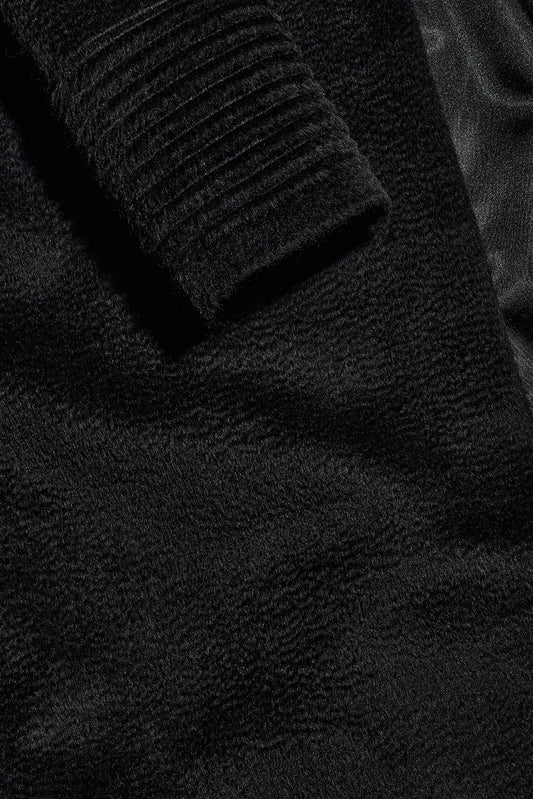 Sentaler Suri Alpaca Long Notched Collar Wrap Coat featured in Suri Alpaca and available in Black. Seen fabric up close.